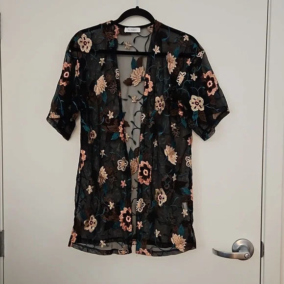 Embroidered floral black mesh wrap kimono open front side slits short sleeve Lg - Picture 8 of 10
